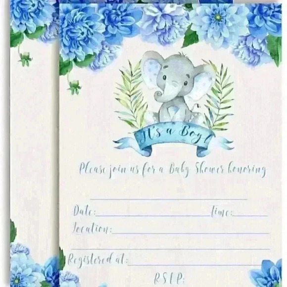 Watercolor Dahlia Floral Elephant-Themed Baby Boy Sprinkle Shower Invita… - Picture 1 of 5